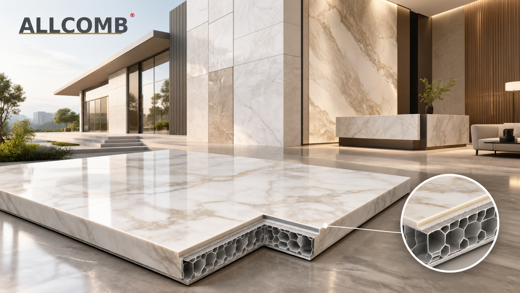 Marble honeycomb panel with natural marble surface and aluminium honeycomb core