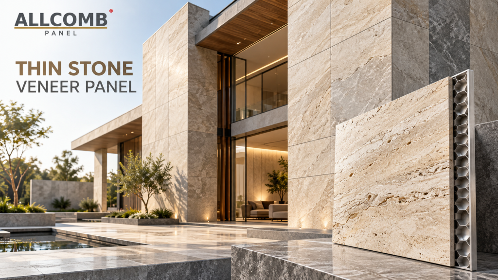 Thin stone veneer panel featuring a natural stone surface for architectural cladding